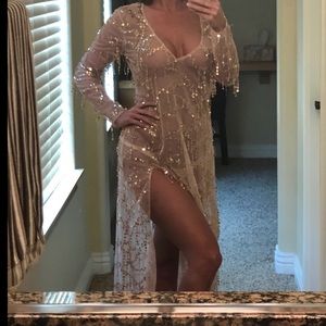 Nude mesh and gold sequin bikini coverup